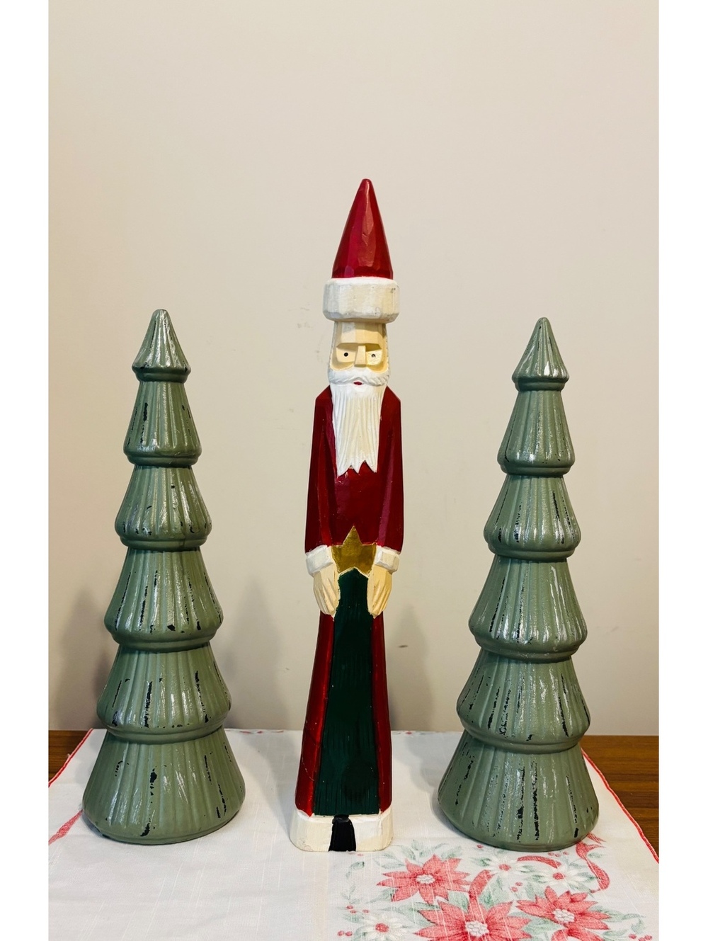 Folk Art Rustic Hand Painted 16” x 2.5” Santa & 2 Two Tiered Cone Decor Trees